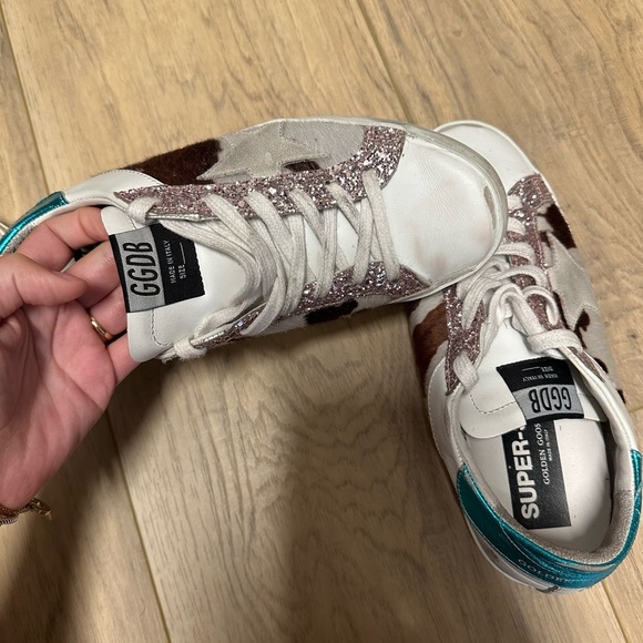 Golden Goose Shoes - Golden Goose White Sneakers with Pink Glitter & Brown Cowprint